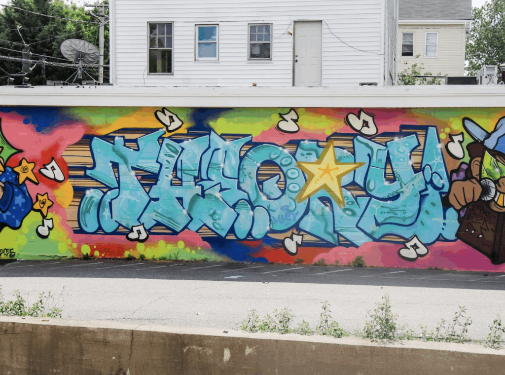 Image of public art installation Theory by artist Elie, located in Providence by the A to Z Liquors business on 319 Douglas Street, Provicence RI, joy, dialogue, The Avenue Concept